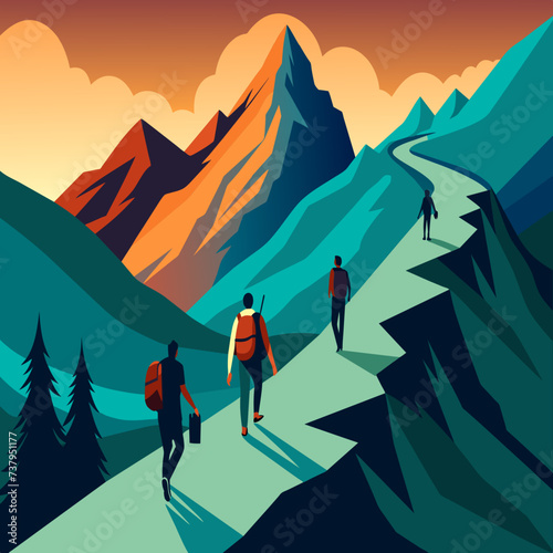 Hikers traversing a rugged mountain trail vektor illustation