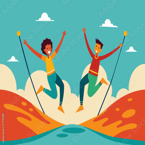 Bungee jumpers rebounding with exhilaration after a plunge vektor illustation
