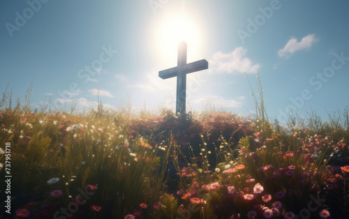 Christian cross in flowers, in the rays of the sun 