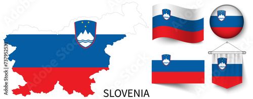 The various patterns of the Slovenia national flags and the map of Slovenia's borders