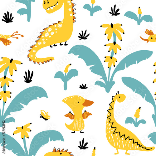 Dinosaurs in banana palm trees seamless pattern. Vector illustration in cartoon Scandinavian style. Childish design for baby clothes  wallpaper  bedding  textiles  nursery wall art  and card