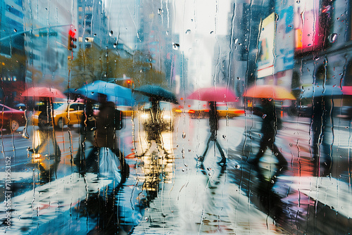 雨の交差点を渡るカラフルな傘をもって歩く人々 photo