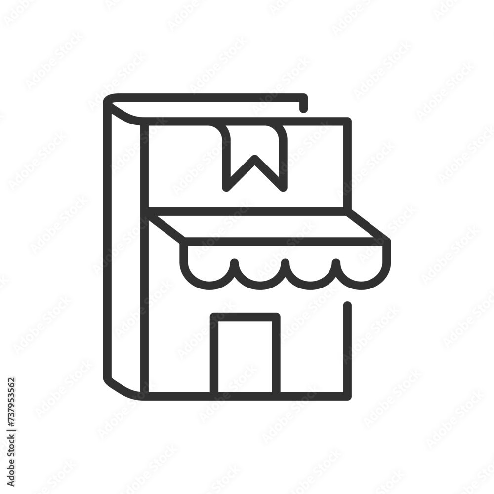 Bookshop, linear icon. A bookshop in the shape of a book. Line with editable stroke Bookshop, linear icon. A bookshop in the shape of a book. Line with editable stroke