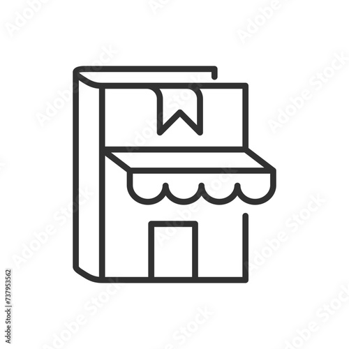 Bookshop, linear icon. A bookshop in the shape of a book. Line with editable stroke