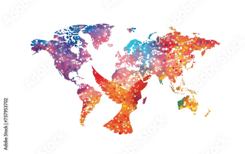 Dove of Unity with World Map Illustration Spreading Peace On Transparent Background.