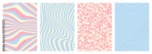 Twisted and distorted vector groovy hippie background. Waves, swirl, twirl pattern. Set of backgrounds in trendy retro psychedelic style. Vector illustration