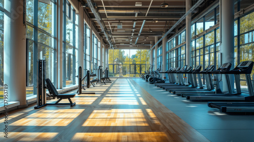 Interior of modern fitness gym. Wide range of equipment  treadmills  exercise bikes  weight machines. Bright spacious empty room for fitness classes. Healthy lifestyle concept.