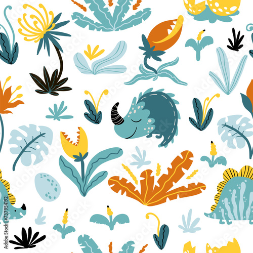 Tropical dinosaur seamless pattern. Vector illustration characters in fantastic plants and flowers with teeth in cartoon Scandinavian style. Childish design for baby clothes, textiles nursery wall art