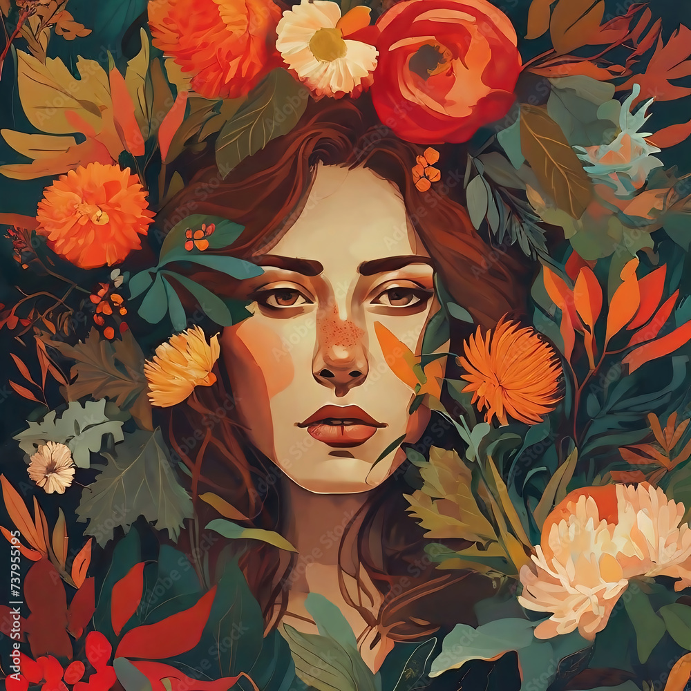Depiction of a charming female face surrounded by leaves among autumn-inspired yellow flowers and green foliage