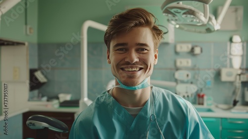 Dentist man smiling while standing in dental clinic. Portrait of confident a young dentist working in his consulting room photo