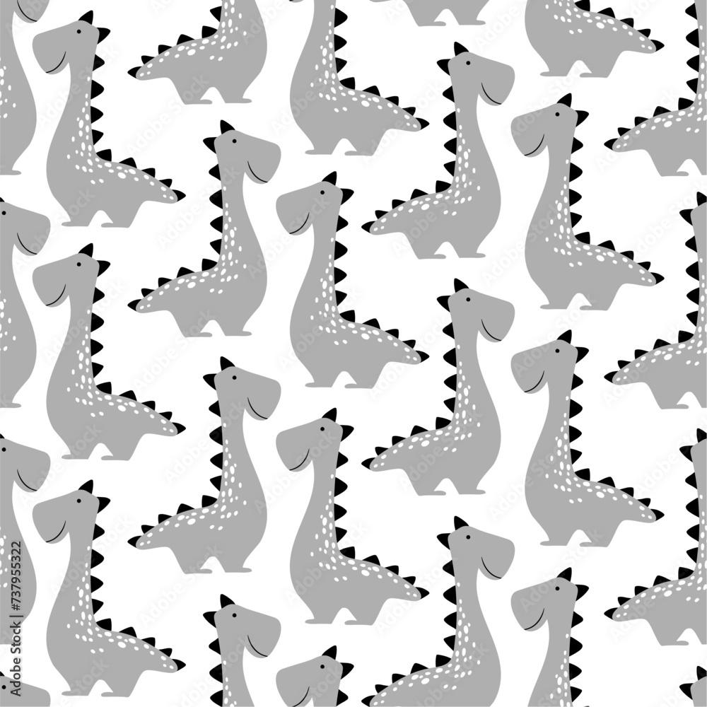Dinosaur seamless pattern. Funny Vector illustration Dino in cartoon Scandinavian style. Childish design for baby clothes, bedding, textiles, nursery wall art, and card