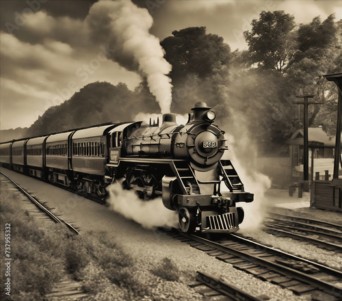 Vintage Steam locomotive in black and white on the tracks from 19th century at the village train station