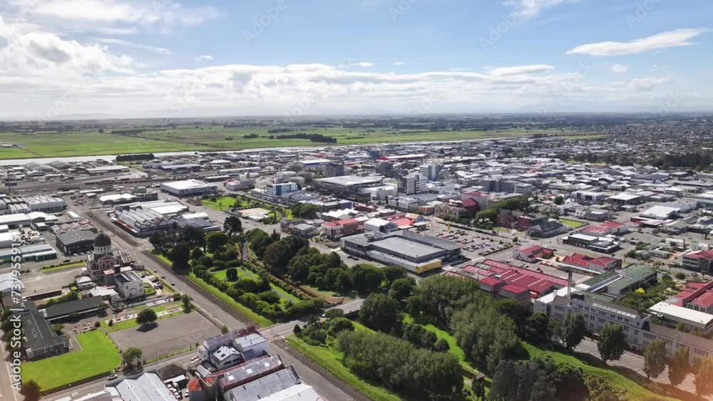 Invercargill town aerial cityscape over Otepuni Gardens. Sunny day in Southland, New Zealand.