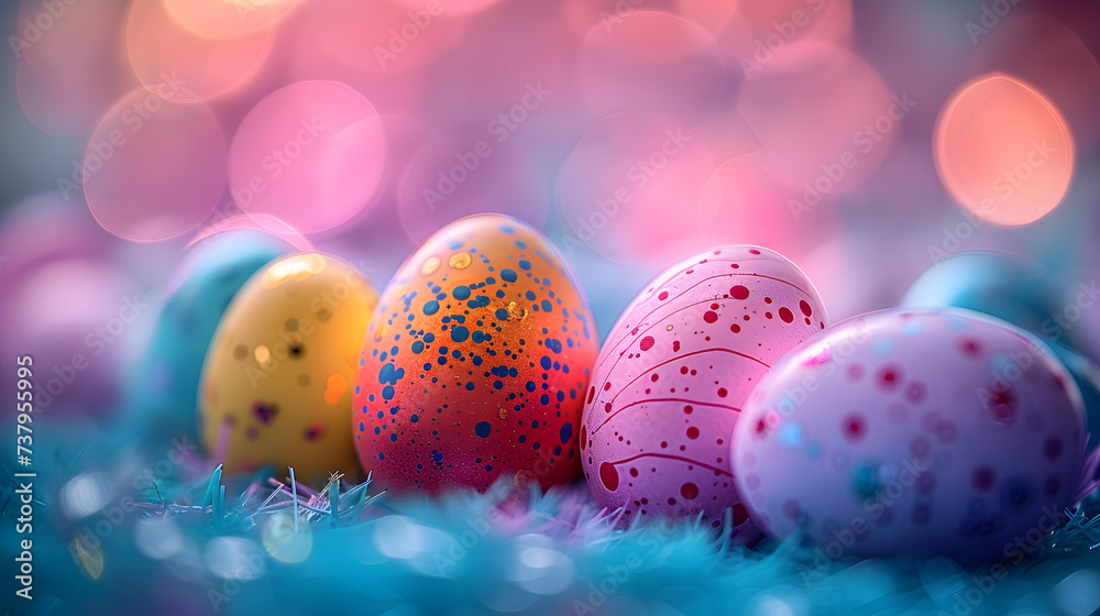 A vibrant Easter egg display, with pastel hues as the background, during a festive Easter celebration A vibrant Easter egg display, with pastel hues as the background, during a festive Easter celebration