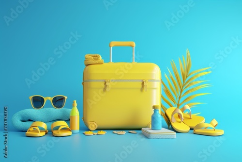 Packed yellow suitcase with travel supplies on a blue background