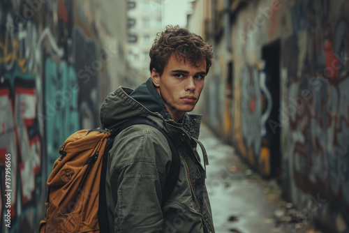 Close-up portrait of handsome young man wearing olive green jacket with backpack outdoors. Confident Caucasian guy wearing casual outwear against city walls with graffiti. City style, urban fashion.