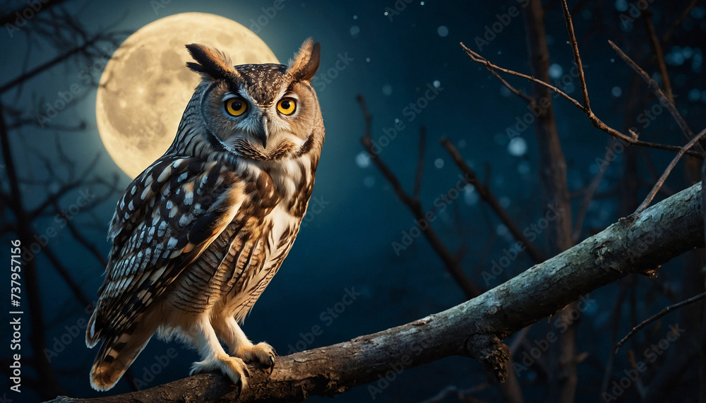 Obraz premium Beauty of an owl perched on a branch against the backdrop of a full moon, its feathers softly glowing in the moonlight, conveying both the mystery and tranquility of the nocturnal world