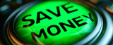 3D illustration of a vibrant green button with the phrase save money encouraging financial prudence, budgeting, and cost saving in personal finance management