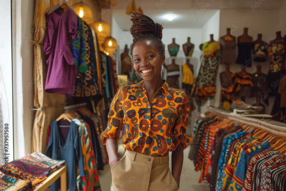 Stylish African female fashion designer in traditional attire with a bright smile in a boutique setting