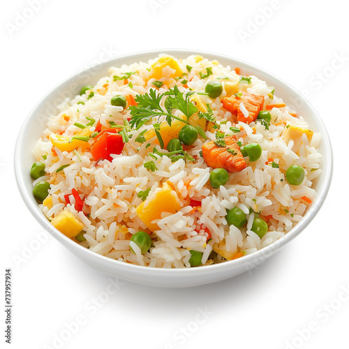 white rice with curry on isolated white background