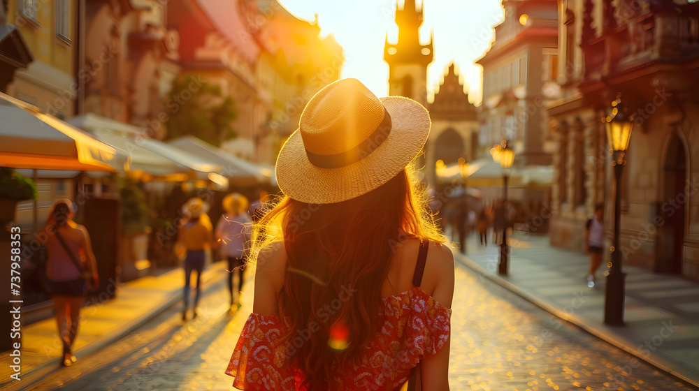Beautiful tourist young woman walking in Prague city street on summer, Czech Republic, tourism travel holiday vacations concept in Europe - obrazy, fototapety, plakaty 