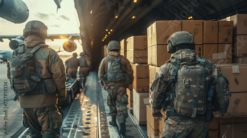Soldiers in camouflage gear board a military aircraft, surrounded by cargo and supplies, ready for deployment.