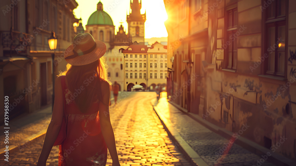 Beautiful tourist young woman walking in Prague city street on summer, Czech Republic, tourism travel holiday vacations concept in Europe