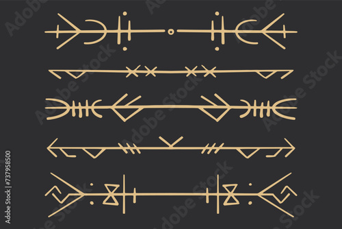Set golden nordic celtic runes borders, dividers norse protection symbols line style, amulet, witchcraft signs on dark background.