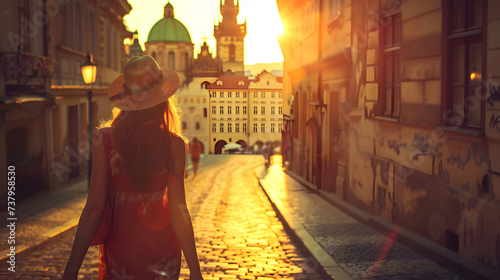 Beautiful tourist young woman walking in Prague city street on summer, Czech Republic, tourism travel holiday vacations concept in Europe
