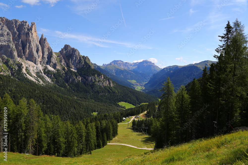 Summer view of  Gruppo del Sella, Sellagruppe, Pordoi, and Val di Fassa from Ciampedie, Vigo di Fassa in the Dolomiti,  Dolomites, Trentino Alto Adige, Sudtirol, South Tyrol, Italy.