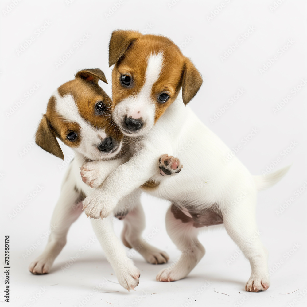 two jack russell terrier puppies playing with each other on white background,