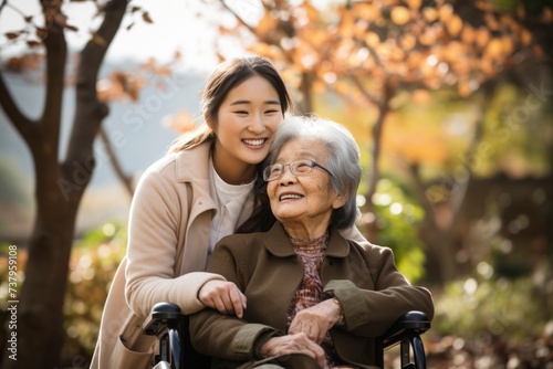 Caring Nurse with Elderly Woman in Wheelchair Enjoying Autumn Park.