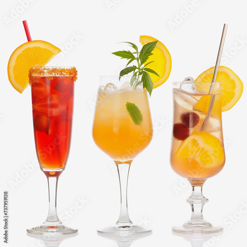 Colourful summer cocktails with fruit and straws, isolated on white background.