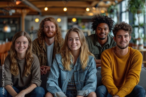 Smiling Diverse Group of Friends Enjoying Time Together in Cafe.