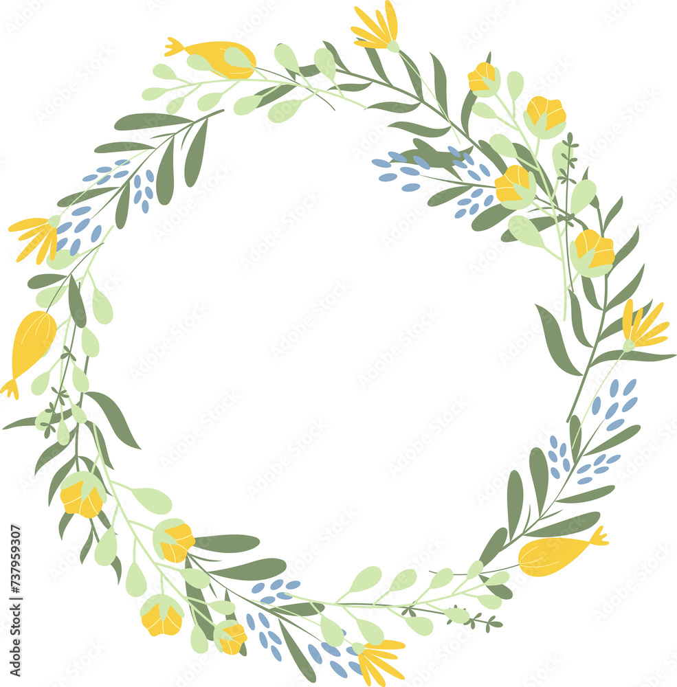 Handdrawn wreath with yellow and blue spring flowers. 