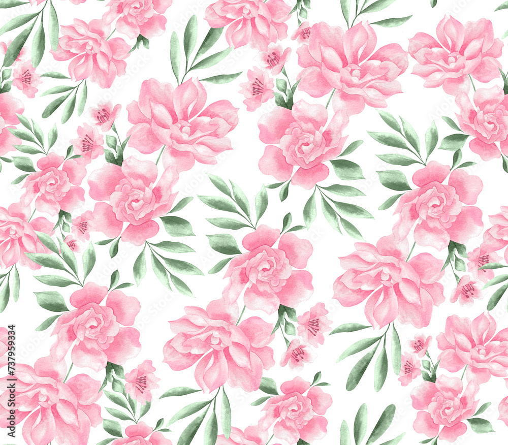 Watercolor flowers pattern, pink romantic roses, green leaves, white background, seamless