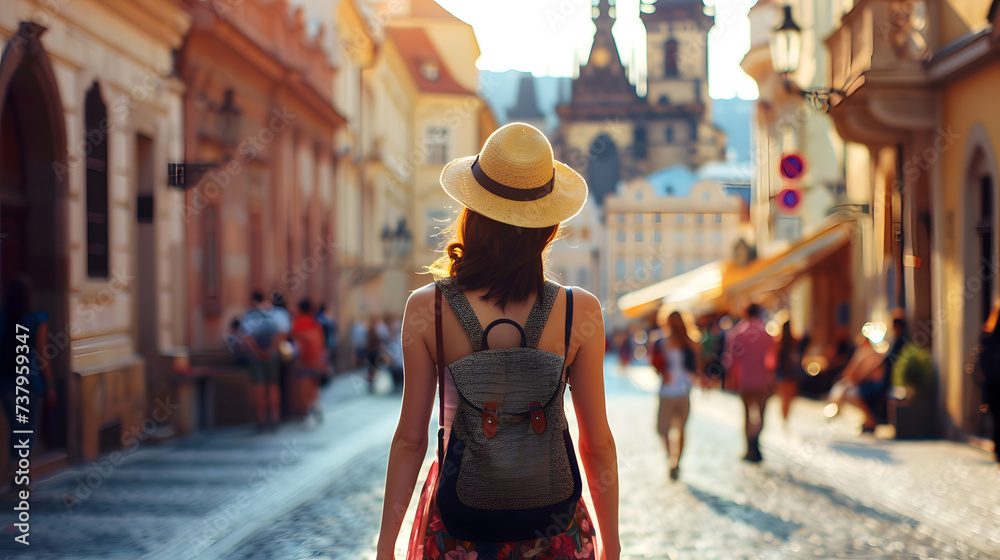 Beautiful tourist young woman walking in Prague city street on summer, Czech Republic, tourism travel holiday vacations concept in Europe - obrazy, fototapety, plakaty 