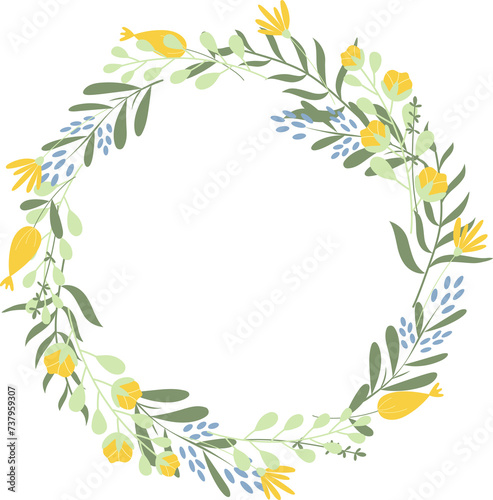 Handdrawn wreath with yellow and blue spring flowers. 