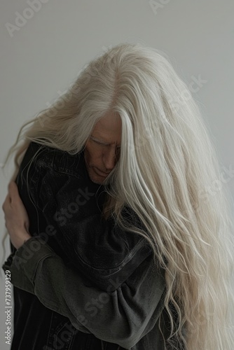 Enigmatic Man with Long White Hair in Emotional Embrace.