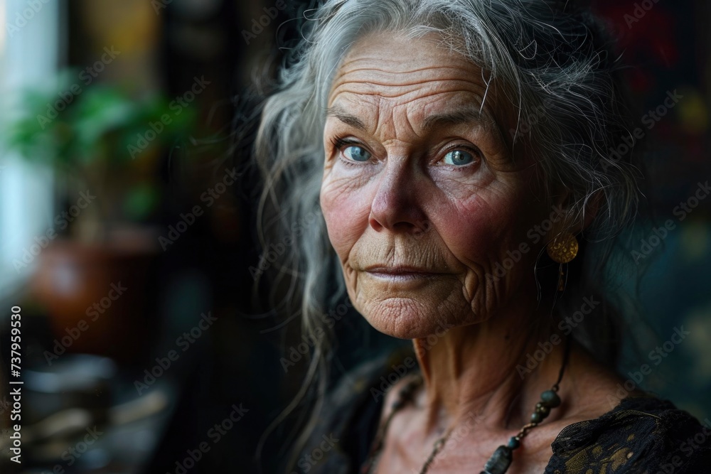 Portrait of a mature woman with grey hair and a pensive expression. Portrait of a mature woman with grey hair and a pensive expression.