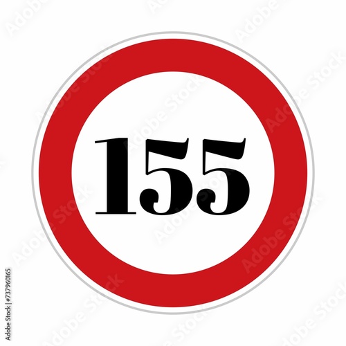 155 kmph or mph speed limit sign icon. Road side speed indicator safety element. one hundred and fifty five speed sign flat isolated on white background  photo