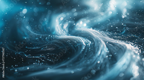 Celestial spirals of liquid silver and cosmic teal dancing gracefully, forming an enchanting and dreamy abstract composition against a backdrop of deep indigo black.