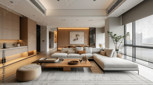 Interior of spacious living room with free layout in luxury apartment. Cozy living area with corner sofa  modern kitchen with built-in home appliances  panoramic glazing with city view.