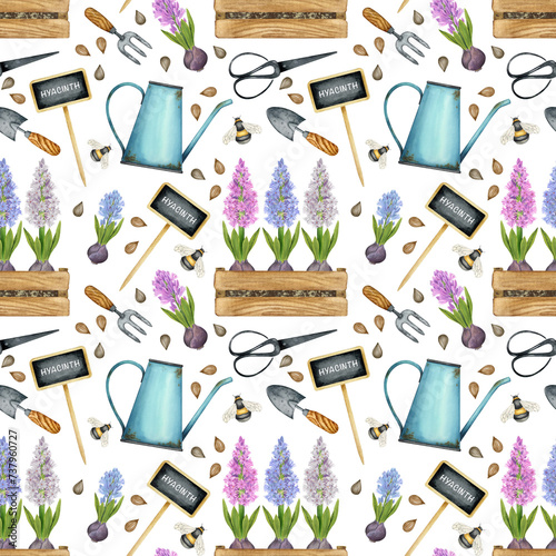 Vintage garden background. Watercolor seamless pattern. Hyacinths and gardening tools. Background with flowers for scrapbooking, wrapping paper, textiles