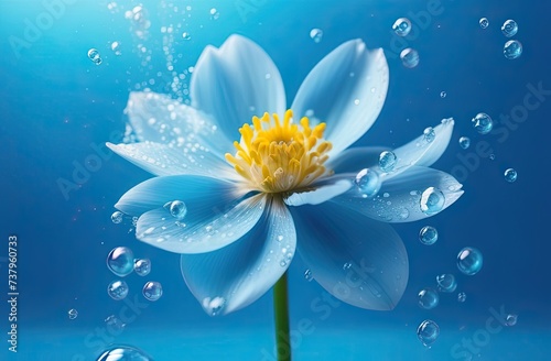 Beautiful background with flowers under water. Beautiful floating vanilla flower underwater with splash und bubbles, pastel blue colors.
