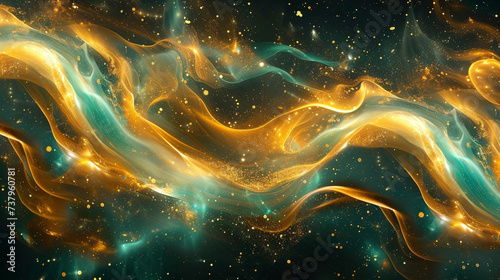 Luminescent tendrils of liquid gold and midnight teal intertwining gracefully, forming an intricate and enchanting abstract design against a backdrop of mysterious cosmic black.