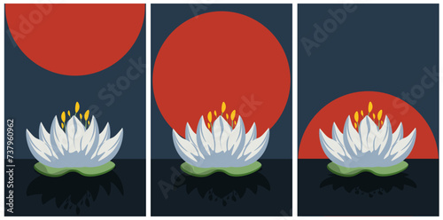 Artwork with Lotus on Sunset background. Sacred plant of India. Beauty Summer Flower. Water lily. Vector illustration can used web design. EPS 10