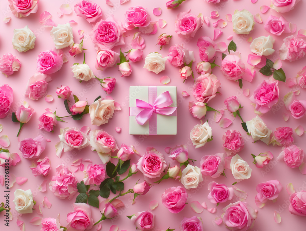 white gift box with a pink ribbon surrounded by pink and white roses on a pink background