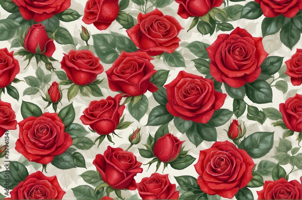 Fototapeta premium Illustrated painted pattern red flowers roses