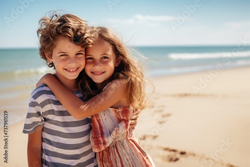 Siblings hugging at the beach on a sunny day on vacation. Cute smiling siblings hugging on beach